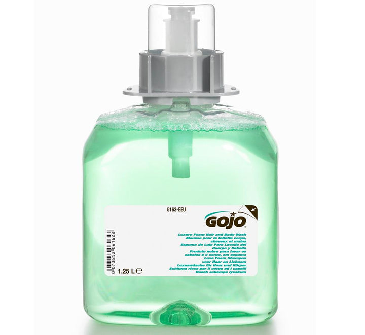 Light Green Container of 5163-03 GOJO® Luxury Foam Hair and Body Wash, FMX™ 1250ml Refill - White, Green and Black Branding, Grey Cap - Sentinel Laboratories Ltd
