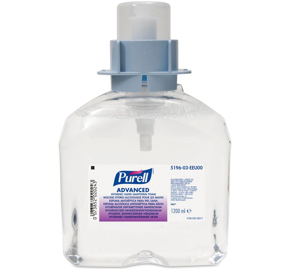 Clear Container of 5196-03 PURELL® Advanced Hygienic Hand Sanitising Foam, FMX™ 1200ml Refill - White, Purple and Blue Label, Blue Cap - Sentinel Laboratories Ltd