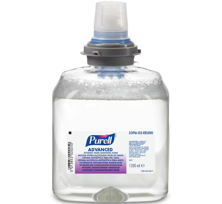 Clear Container of 5396-02 PURELL® Advanced Hygienic Hand Sanitising Foam, TFX™ 1200ml Refill - White, Pink and Blue Branding, Grey and Clear Cap - Sentinel Laboratories Ltd