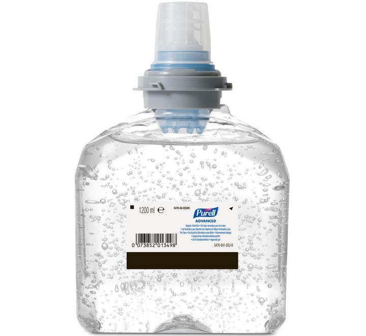 Clear Container of 5476-02 PURELL® Advanced Hygienic Hand Rub, TFX™ 1200ml Refill - White and Blue Label, Grey, Clear and Blue Top - Sentinel Laboratories Ltd