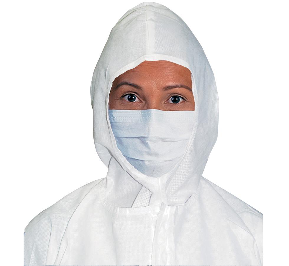 Woman wearing 62451 Sterile Face Mask with White Hooded Gown white background - Sentinel Laboratories Ltd