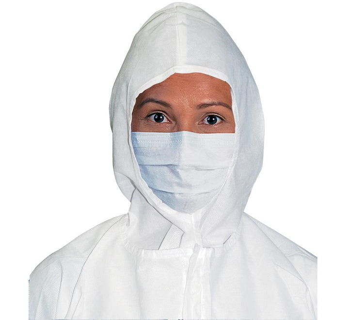 Woman wearing 62466 Sterile Face Mask with White Hooded Gown white background - Sentinel Laboratories Ltd