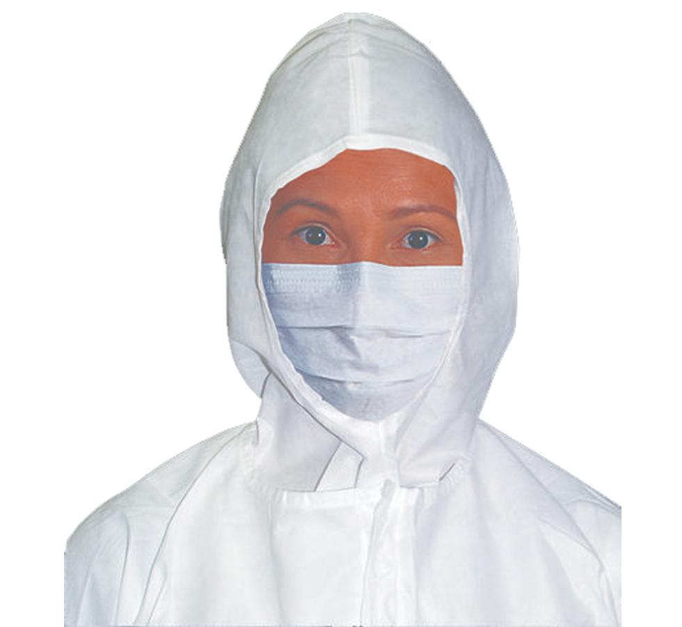 Woman wearing 62467 Sterile Face Mask with White Hooded Gown white background - Sentinel Laboratories Ltd