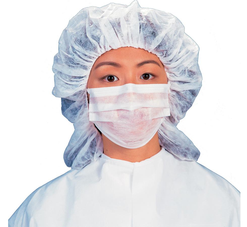 Woman wearing 62477 Pleated Face Mask with white hair net and white gown white background - Sentinel Laboratories Ltd