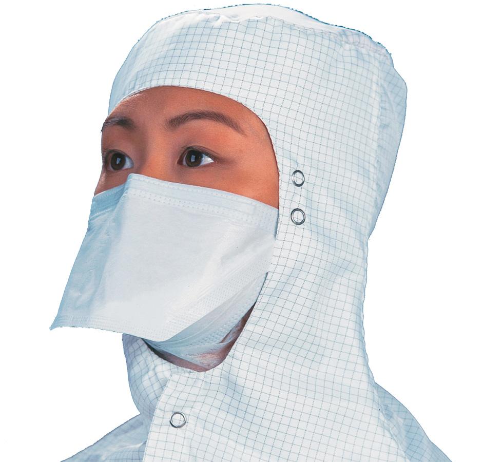 Woman wearing 62483 M3 Sterile Pouch Face Mask with white hooded gown white background - Sentinel Laboratories Ltd
