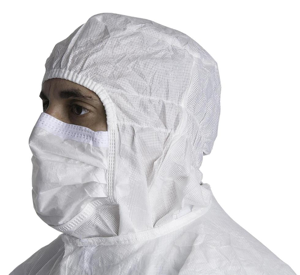 A Man Looking To The Side Wearing a White 62494 KIMTECH PURE* M3 Sterile Face Mask w/Ties and White Coverall, 23cm - Sentinel Laboratories Ltd