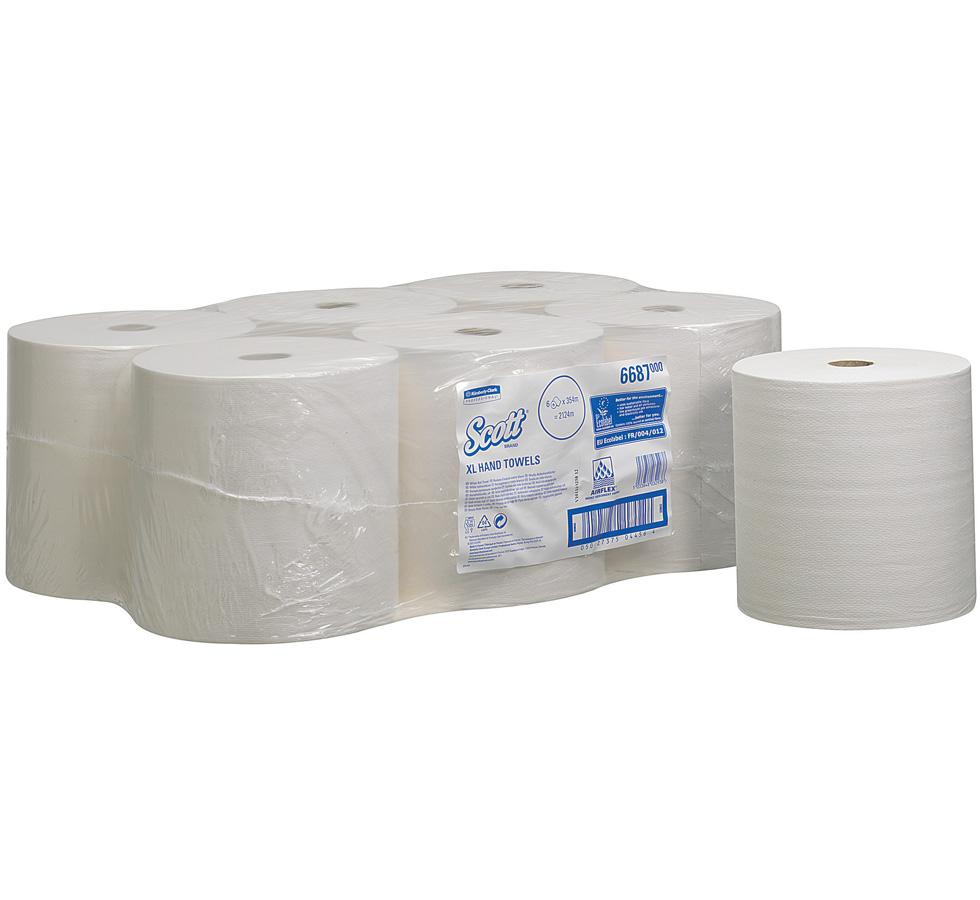 Pack of 6 White 6687 SCOTT XL Hand Towels, Roll - White and Blue Label - Sentinel Laboratories Ltd