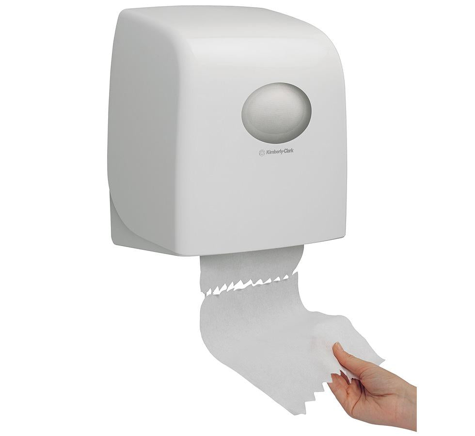 A Person Using a White Paper 6953 AQUARIUS* SLIMROLL* Rolled Hand Towel Dispenser - White - Sentinel Laboratories Ltd