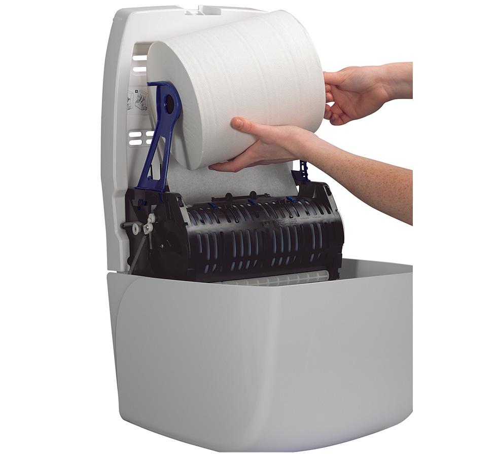 A Person Putting a White Paper Roll into a 6959 AQUARIUS* Rolled Hand Towel Dispenser - White - Sentinel Laboratories Ltd