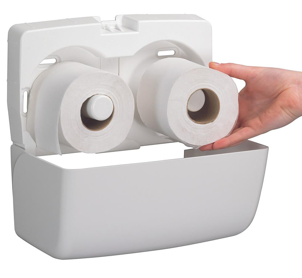 A Person Using a Two Roll White 6992 AQUARIUS* Toilet Tissue Paper Dispenser, Small Roll - White - Sentinel Laboratories Ltd