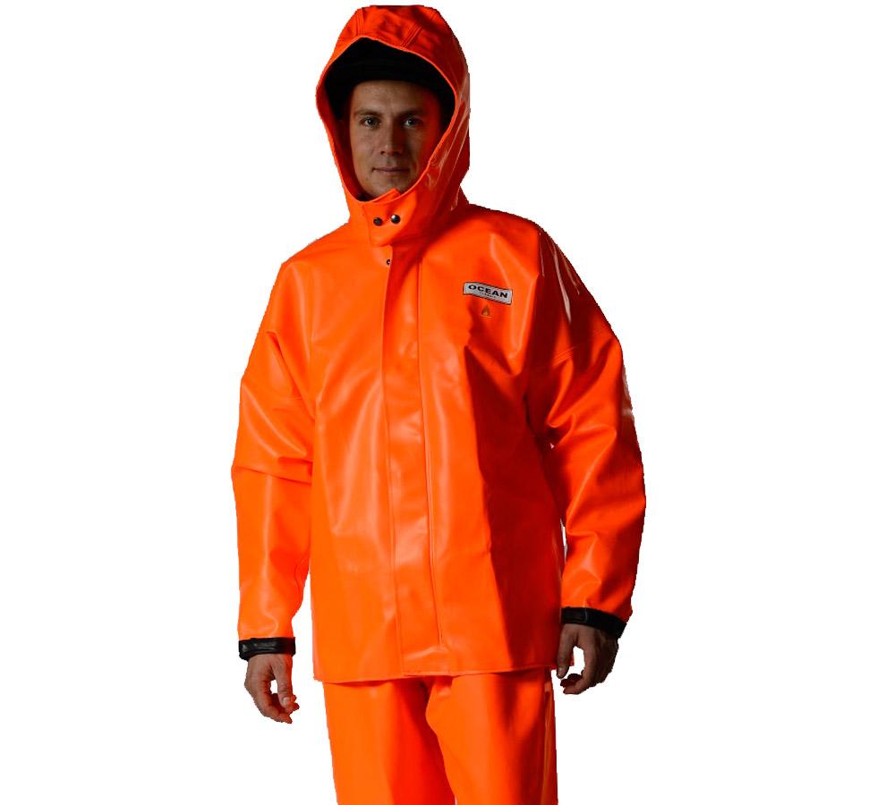 A Man Wearing a Fluorescent Orange Ocean Heavy Duty Hooded Jacket - Sentinel Laboratories Ltd