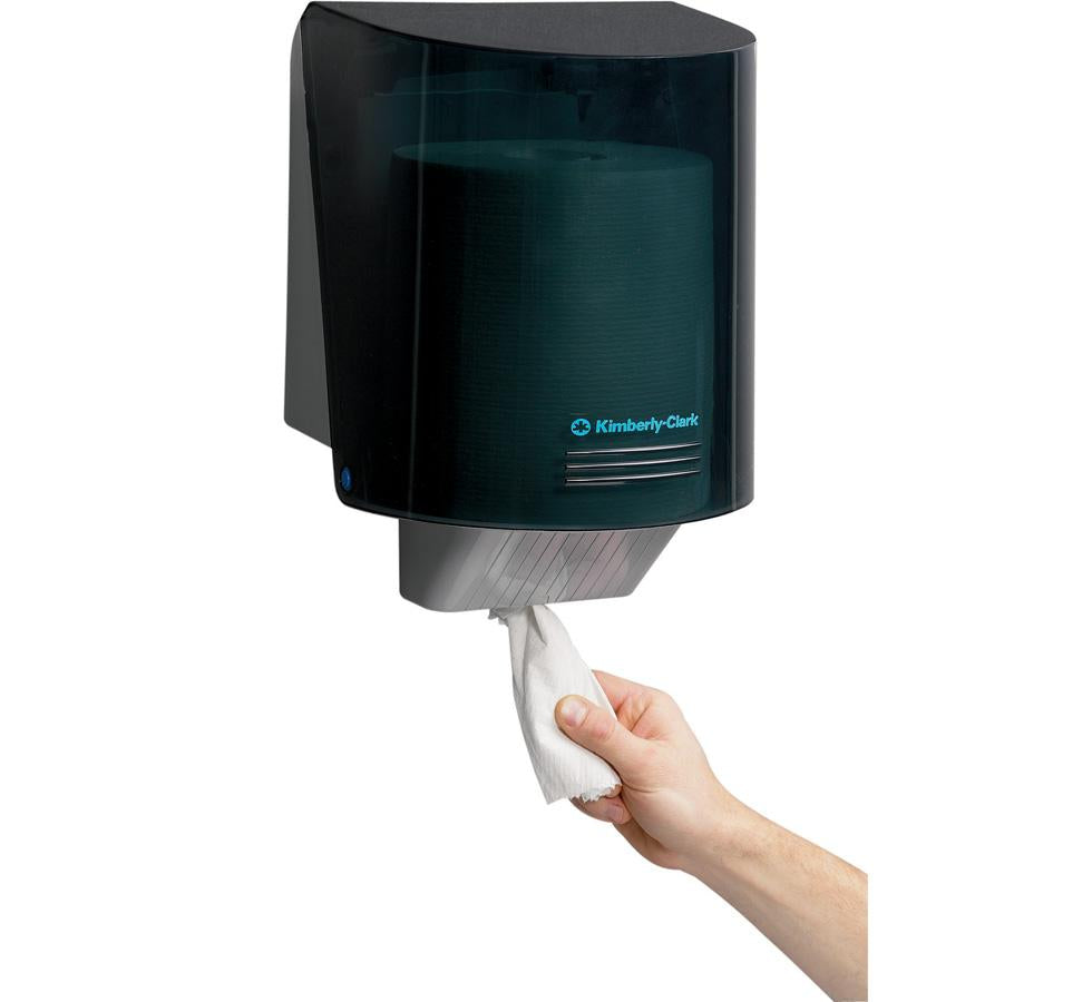 A White Paper Roll of 7302 WYPALL* L20 Extra Wiper, Centrefeed Roll- Inside 7087 Black Paper Dispenser - Sentinel Laboratories Ltd