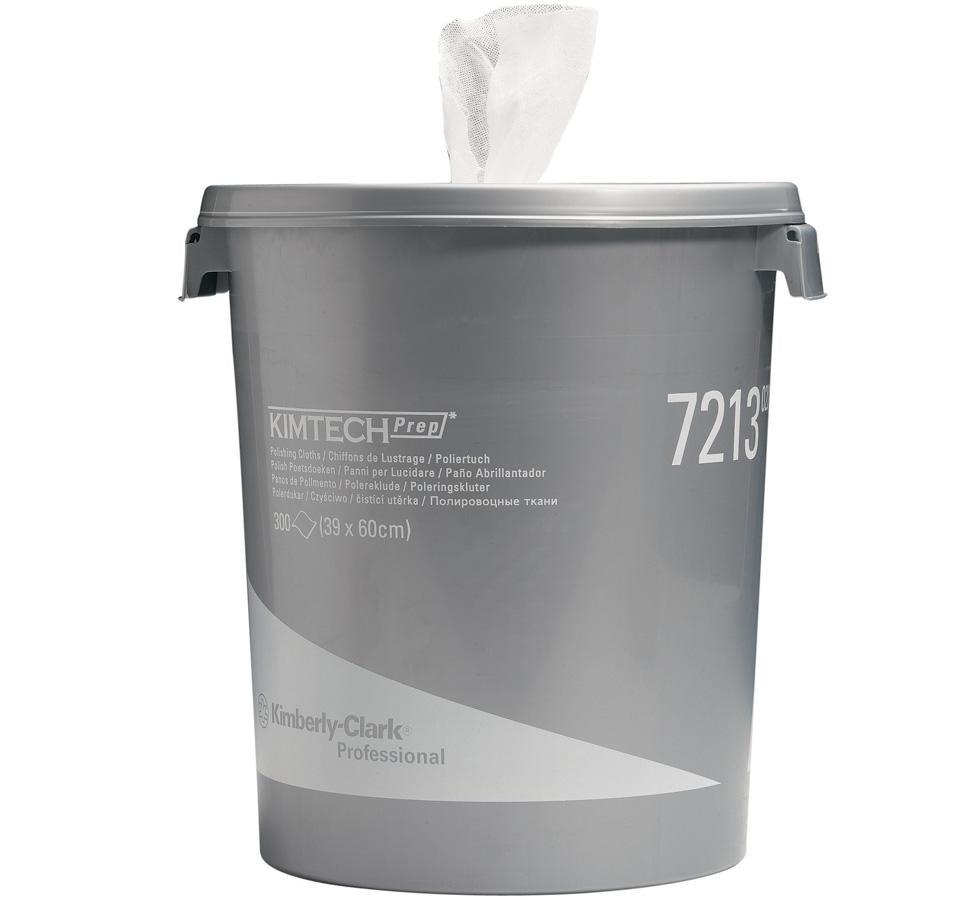 Open grey bucket of 7213 KIMTECH* Polishing White Wipes with white background - Sentinel Laboratories Ltd