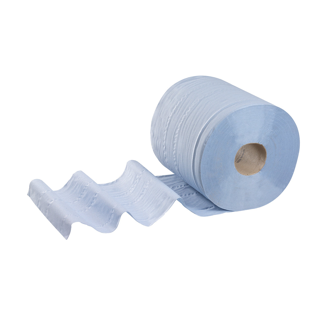 A Single Blue 7277 WYPALL* L20 ESSENTIAL Wiper Roll on it's Side - CENTREFEED ROLL, BLUE, 6 ROLLS - Sentinel Laboratories Ltd