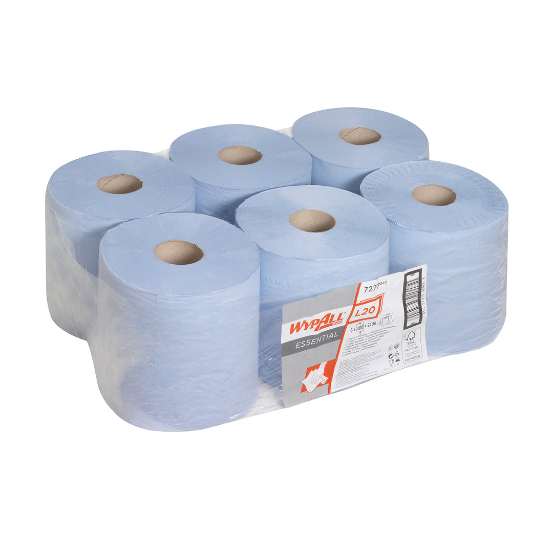 A Pack of 6 Blue 7277 WYPALL* L20 ESSENTIAL Wiper Rolls - CENTREFEED ROLL, BLUE, 6 ROLLS - Sentinel Laboratories Ltd