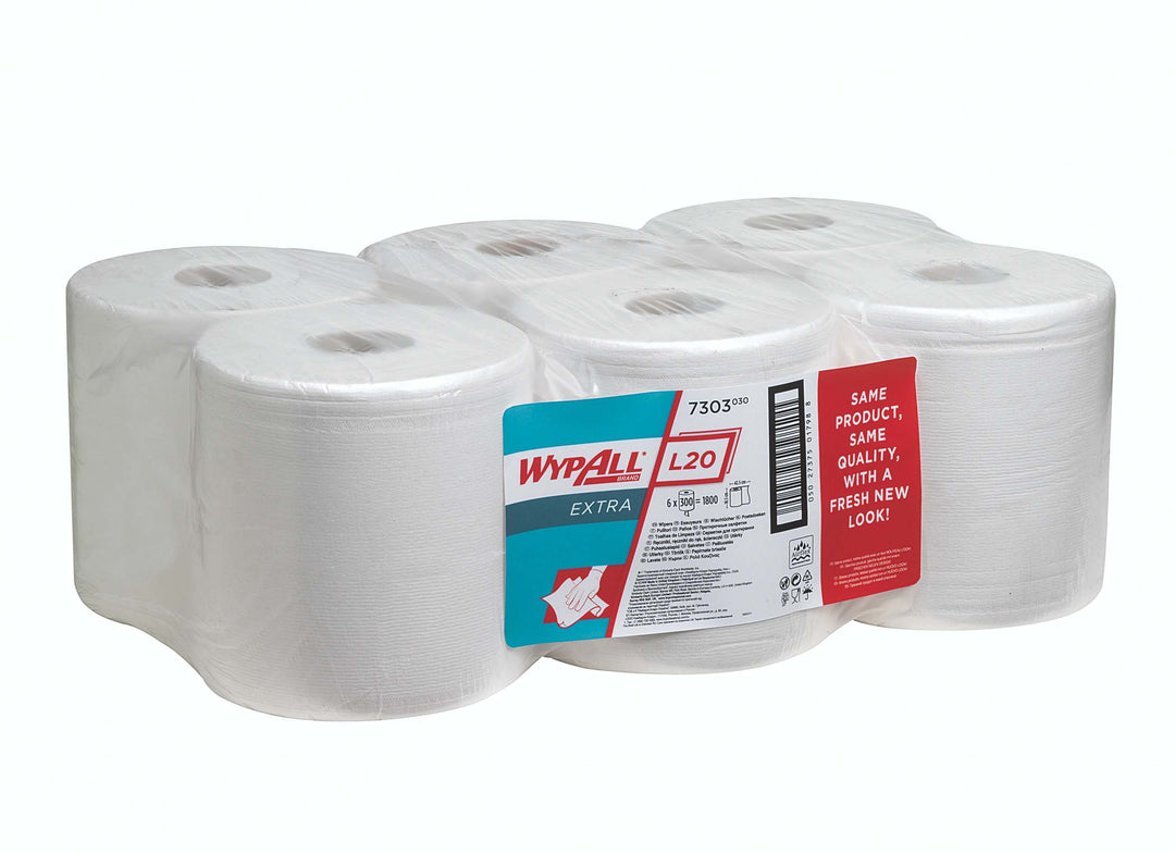 A Pack of 6 White Paper 7303 WYPALL* L20 Extra Wipers, Centrefeed Roll, White - 6 Rolls - Sentinel Laboratories Ltd