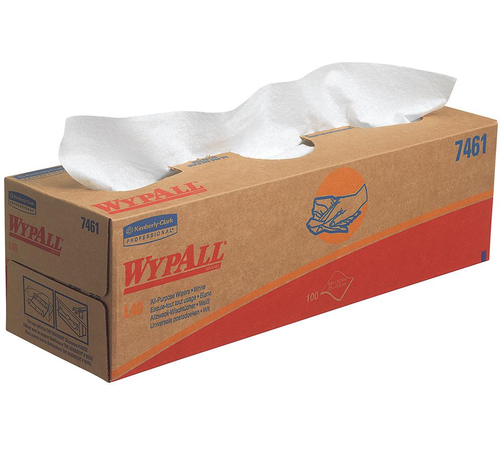 A Single Brown Cardboard Pop-Up Box of White 7461 WYPALL* L40 Wipers - Sentinel Laboratories Ltd