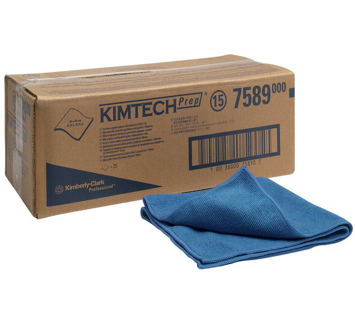 Box of 7589 KIMTECH* Surface Preparation Microfibre Cloths with blue cloths in front of box - Sentinel Laboratories Ltd