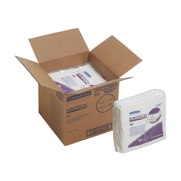 An Open Brown Case of 7605 KIMTECH PURE* CL4 Dry Wipers, 30.4cm x 30.4cm, One Pack Outside of The Case - Sentinel Laboratories Ltd