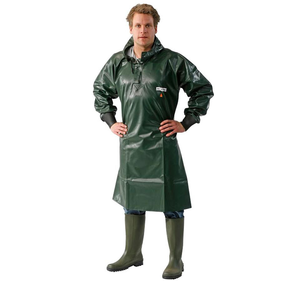 Man Wearing Olive Ocean Classic Trawl Frock with Green Wellington Boots - Sentinel Laboratories Ltd