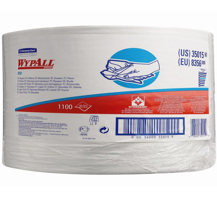 8356 WYPALL* X50 Cloths, Large Roll - White - Blue and Red Text/Design on White Label - Sentinel Laboratories Ltd