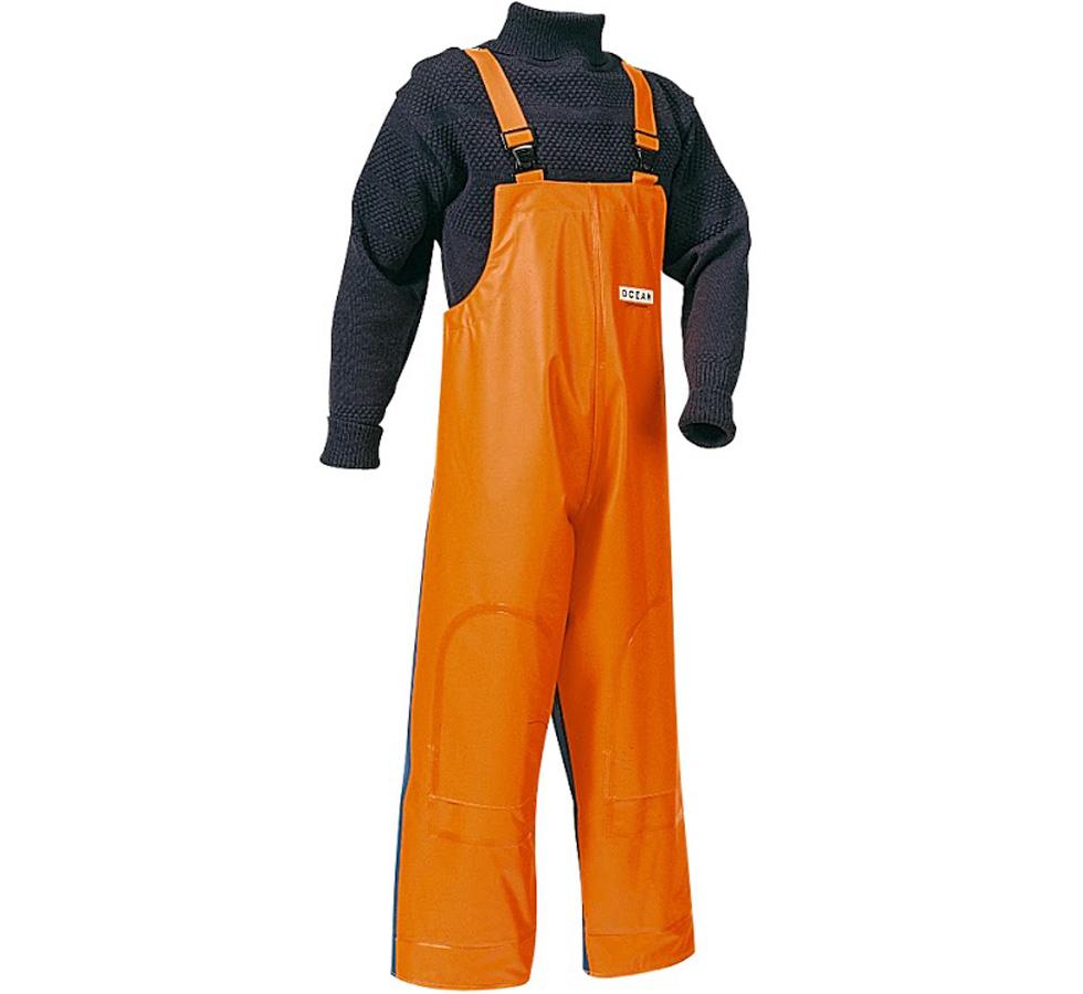 Bright Orange Ocean Crewman Bib & Brace Trouser with Navy Side Panelling over Navy Turtleneck Jumper - Sentinel Laboratories Ltd