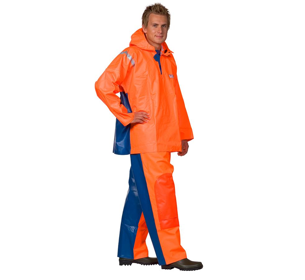 A Man Wearing a Fluorescent Orange and Blue Ocean Crewman Smock with Trousers - Sentinel Laboratories Ltd