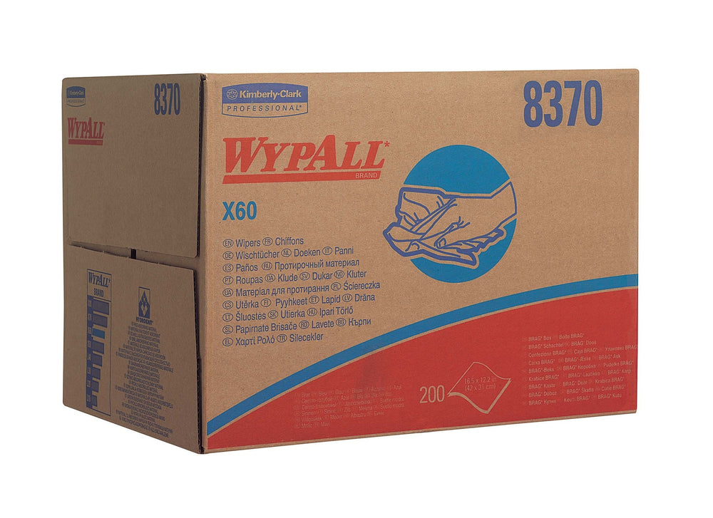 A Brown, Red and Blue Case of Paper 8370 WYPALL* X60 Cloths, BRAG* Box - Light Blue - Sentinel Laboratories Ltd