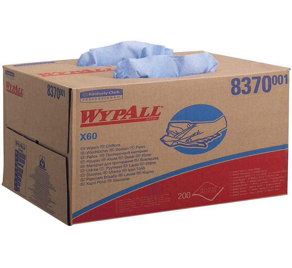 An Open Brown, Red and Blue Cardboard Box of Blue Paper 8370 WYPALL* X60 Cloths, BRAG* Box - Light Blue - Sentinel Laboratories Ltd