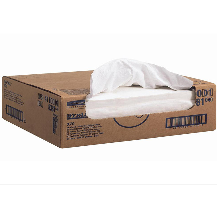 An Open Brown and Blue Cardboard Box of White Paper 8381 WYPALL* X70 Cloths, Right Rag Box - White - Sentinel Laboratories Ltd