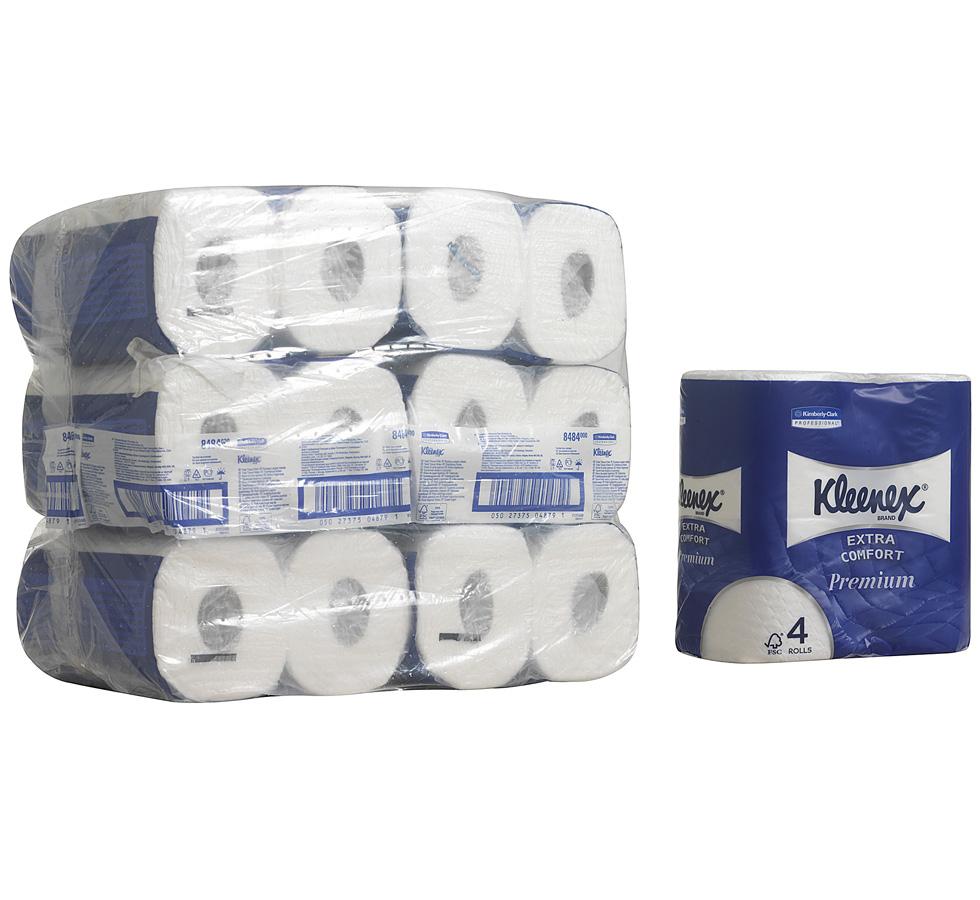 A Stack of White 8484 KLEENEX® Toilet Tissue Rolls on it's Side with a Single Blue Pack to the Right, Small Rolls - White - Sentinel Laboratories Ltd