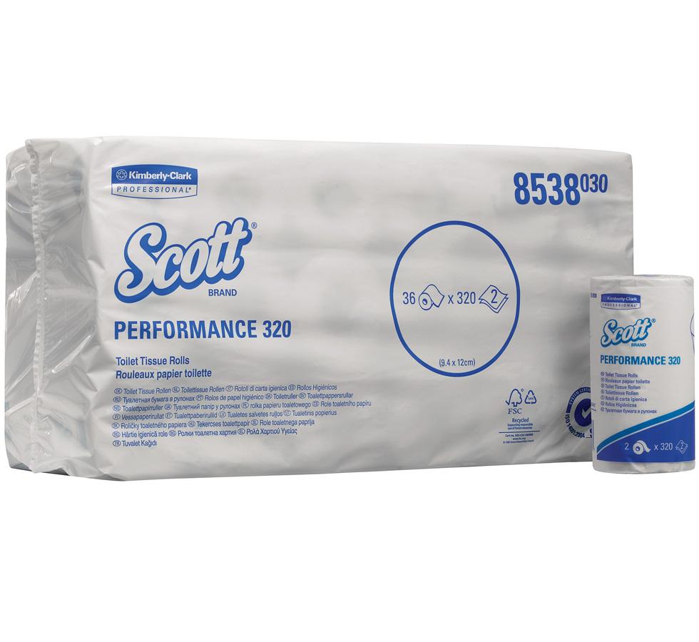 A Pack of White 8538 SCOTT PERFORMANCE 320 Toilet Tissue Rolls on it's Side with a Single Roll Next to the Pack, Small Rolls - White - Sentinel Laboratories Ltd