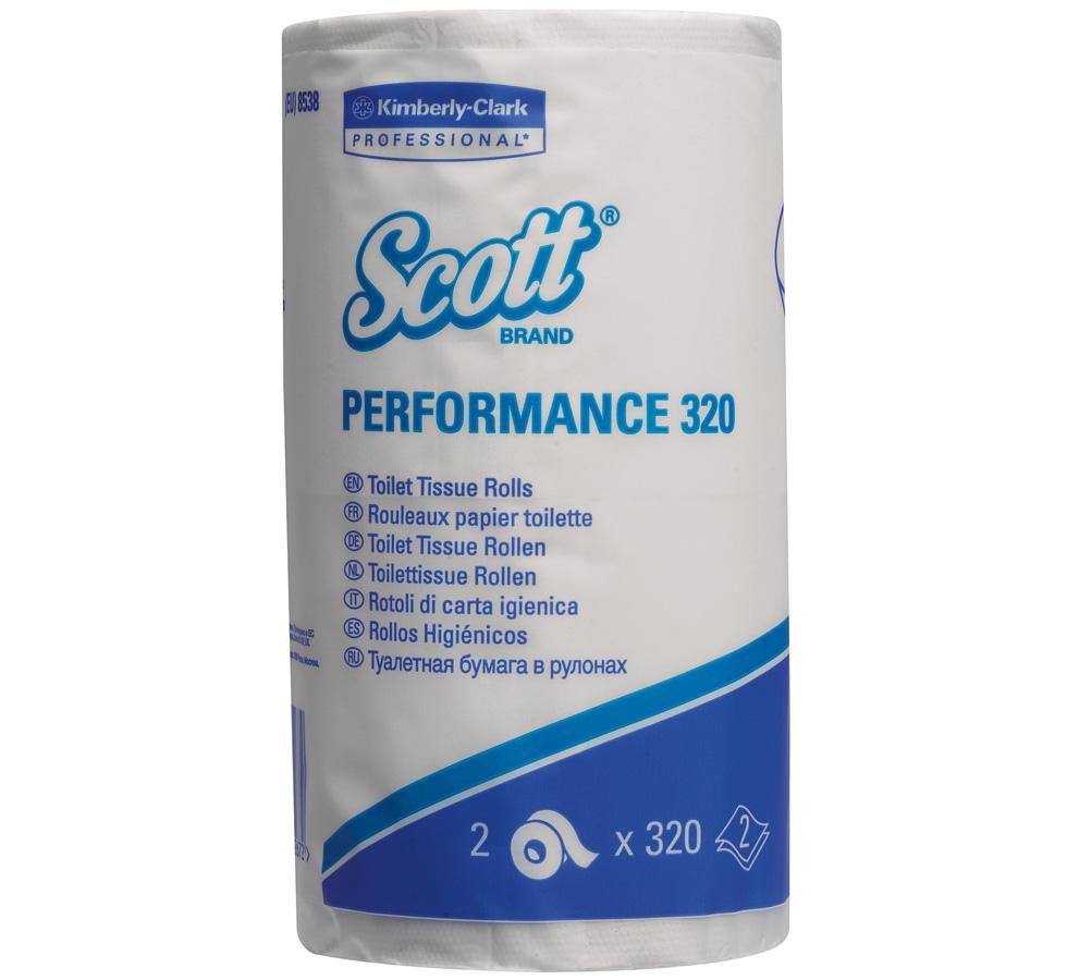 Pack of 8538 SCOTT PERFORMANCE 320 Toilet Tissue Rolls, Small Rolls - White - Blue Text White Label - Sentinel Laboratories Ltd