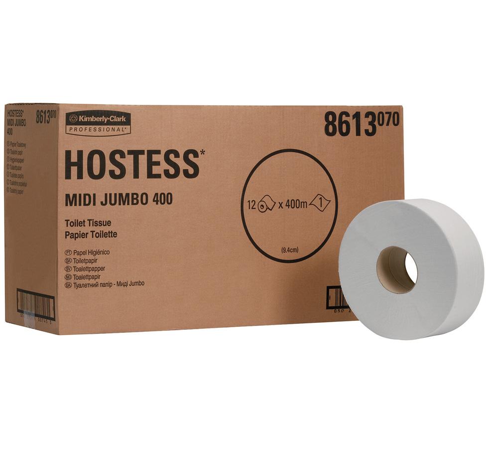 Box of 8613 HOSTESS* White Toilet Tissue Rolls, Jumbo, 400m - Brown Cardboard Box Black Text/Design - Sentinel Laboratories Ltd