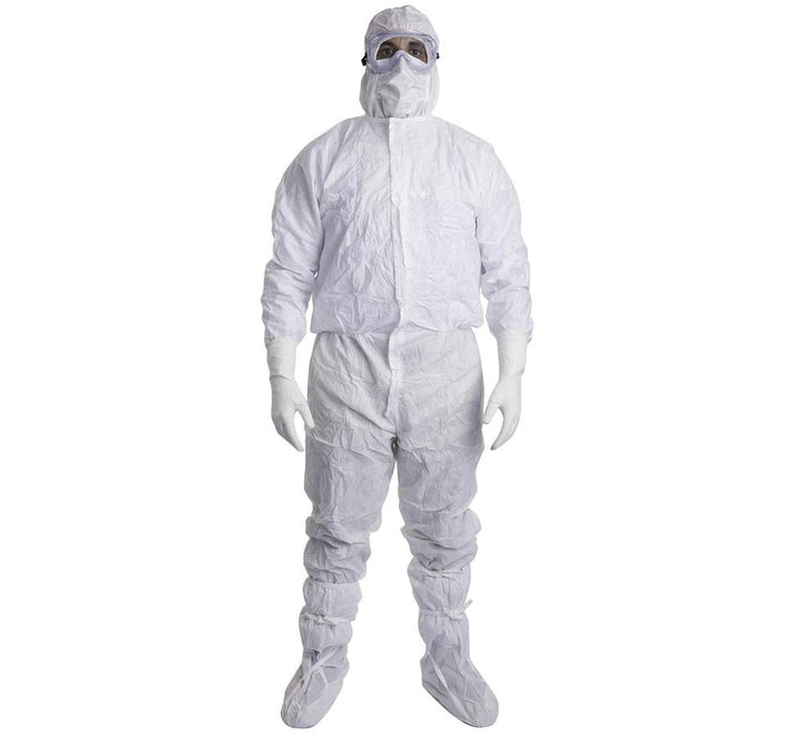 A Person Wearing White KIMTECH PURE* A5 Sterile Sleeve Protectors, Coverall, Gloves, Hood and Clear Goggles - Sentinel Laboratories Ltd