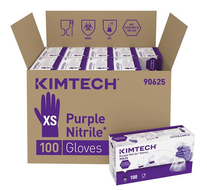 An Open Case of Multiple White and Purple Boxes of 90625 Purple Nitrile Gloves