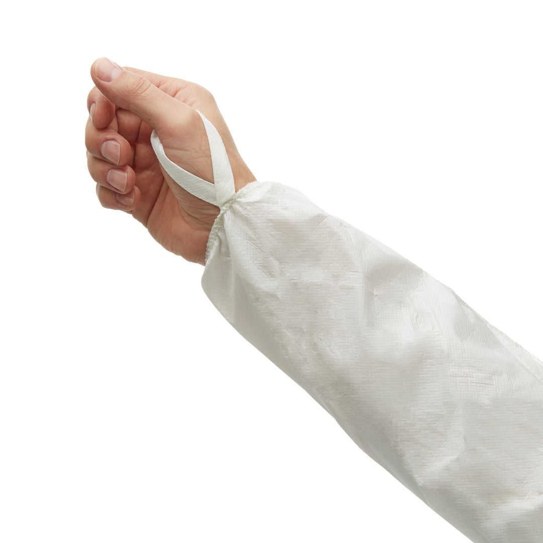 A Close-Up View of Someone Wearing a White 97700 Coverall, Using the Thumb Loop