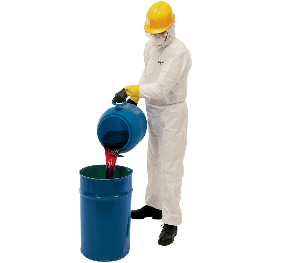 A Man Wearing a White KLEENGUARD* A40 Liquid and Particle Protection Hooded Coverall and Yellow Hard Hat and White Mask Pouring Red Liquid from a Blue Container into a Blue Oil Drum - Sentinel Laboratories Ltd