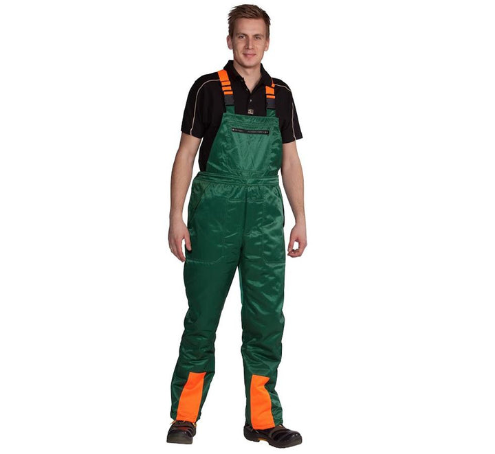 Man Wearing Olive and Bridge Orange Ocean Chainsaw Bib & Brace with Black Polo Shirt - Sentinel Laboratories Ltd