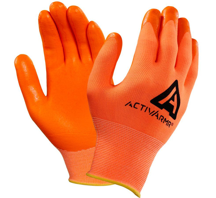 A Pair of Orange Hi-Viz ACTIVARMR® HI-VIZ 97-012 Gloves with Black Brand Icon and Lettering - Sentinel Laboratories Ltd