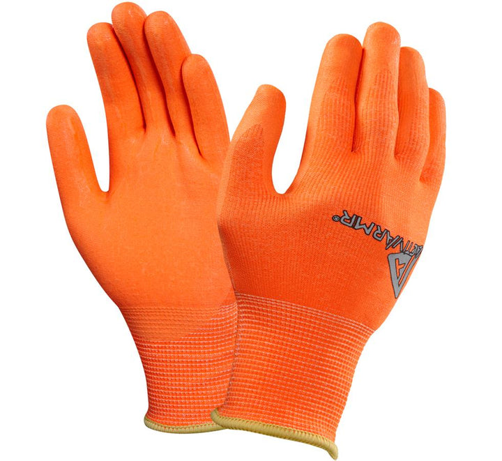 A Pair of Hi-Viz Orange ACTIVARMR® MEDIUM DUTY HI-VIZ™ 97-013 Gloves with Grey Lettering - Sentinel Laboratories Ltd