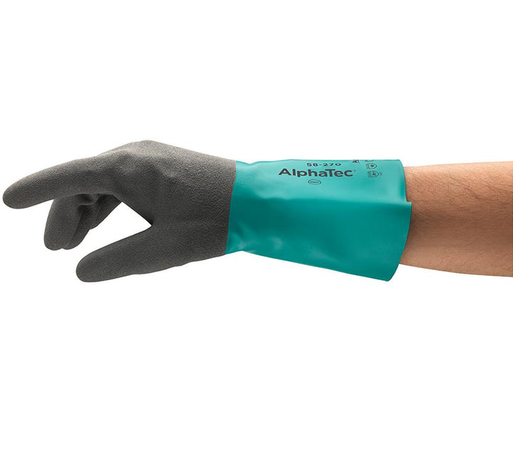 A Person Wearing a Dark Grey and Light Blue ALPHATEC® 58-270 Long Length Cuff Glove - Sentinel Laboratories Ltd