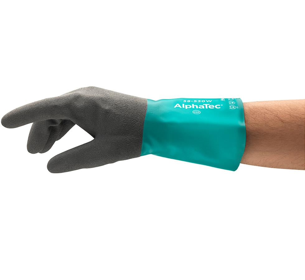 A Person Wearing a Charcoal Grey and Blue Long Length Cuff ALPHATEC® 58-530B Glove with White Lettering - Sentinel Laboratories Ltd