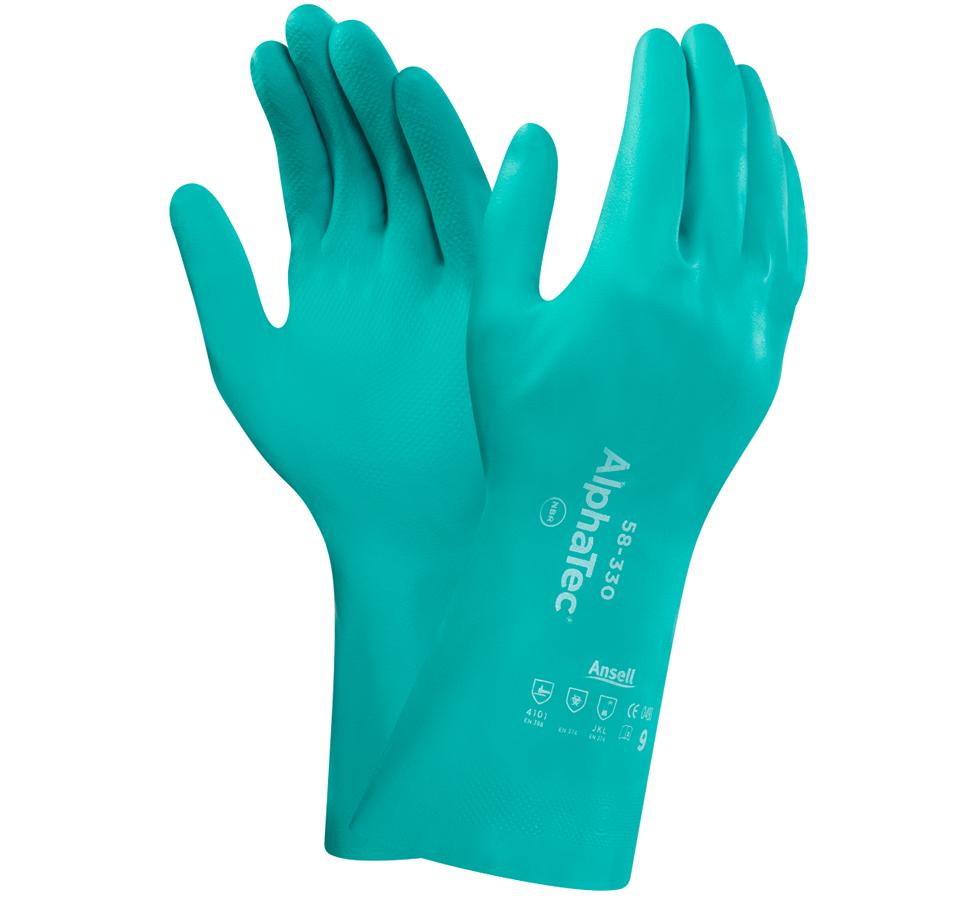 A Pair of Light Blue Long Length Cuff ALPHATEC® AQUADRI® 58-330 Gloves with White Lettering - Sentinel Laboratories Ltd