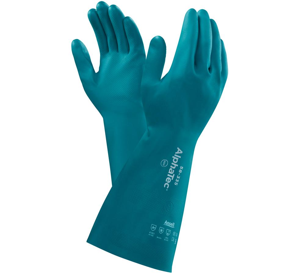 A Pair of Dark Blue Long Length Cuff ALPHATEC® AQUADRI® 58-335 Gloves with White Lettering - Sentinel Laboratories Ltd