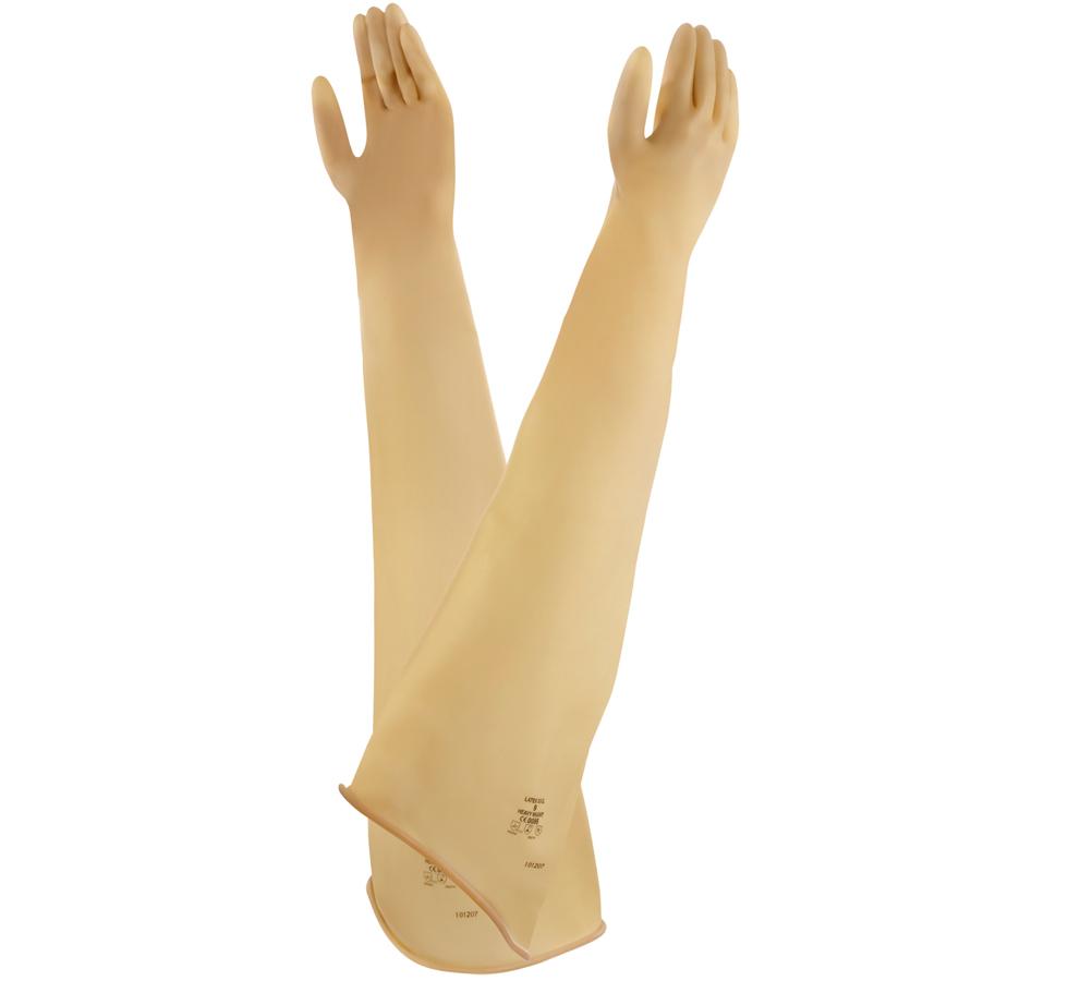 A Pair of Light Tan Coloured Long Cuff Length AlphaTec® 55-106/55-107 Natural Rubber Latex Gauntlet Gloves 9" Port, 31" Length - Sentinel Laboratories Ltd