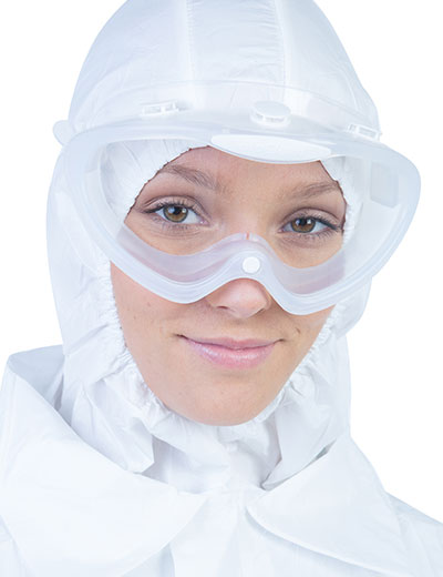 A Woman Wearing a White Hooded Coverall and BioClean BCAH Clearview Autoclavable Goggles