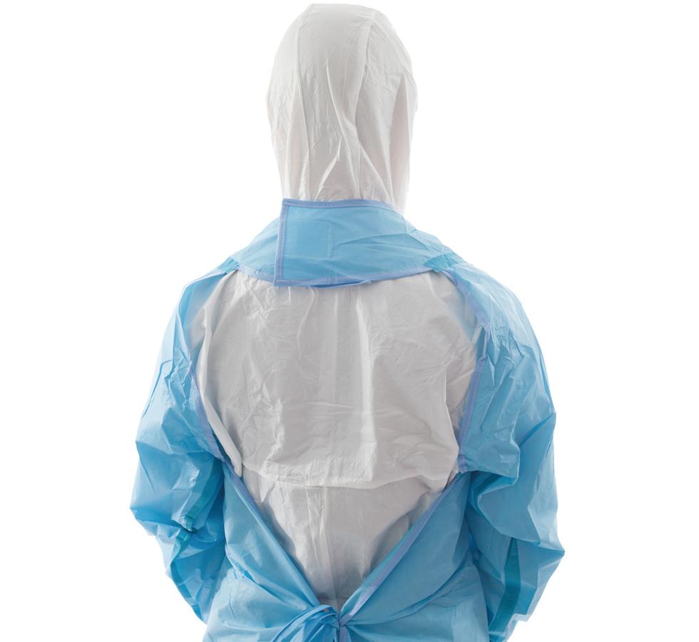 The Back View of a Person Wearing a Blue BioClean-C™ Sterile Protective Apron with Sleeves Over a White Coverall and Hood - Sentinel Laboratories Ltd