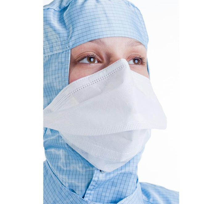 Woman wearing BioClean™ DB Pouch Style Mask with Blue Gown and Hood- Sentinel Laboratories Ltd