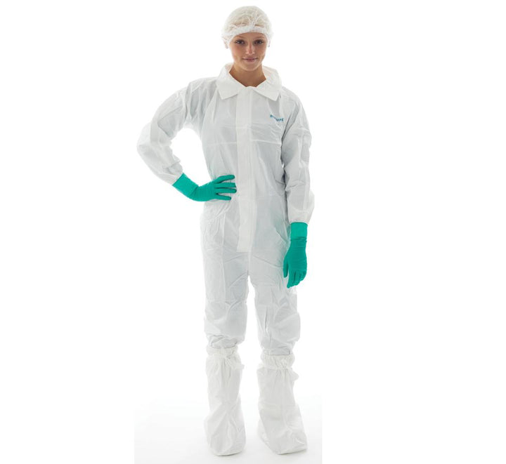 Woman wearing BioClean-D™ Non-Sterile Coverall with Collar - Sentinel Laboratories Ltd